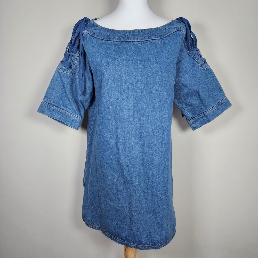 Maeve Anthropologie Denim Dress Womens Small‎ Lace Up Blue Western Cottage Jeans